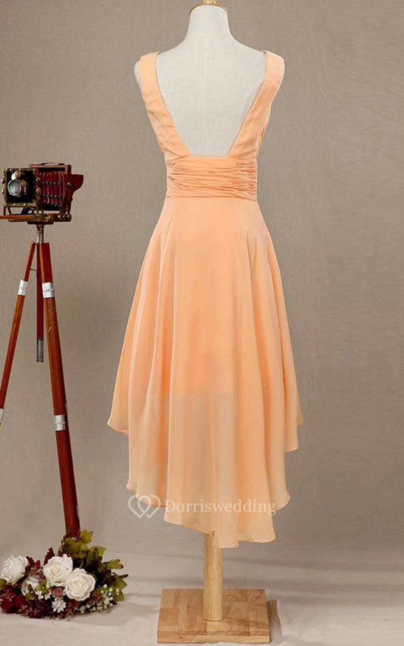V Neck A-line Pleated Chiffon High Low Dress With Side Draping view 4