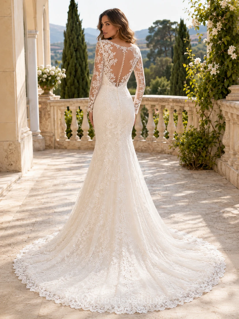 Robe de mariée sirène en dentelle raffinée, col montant transparent, manches longues transparentes, traîne chapelle, applications florales et dos illusion view 2