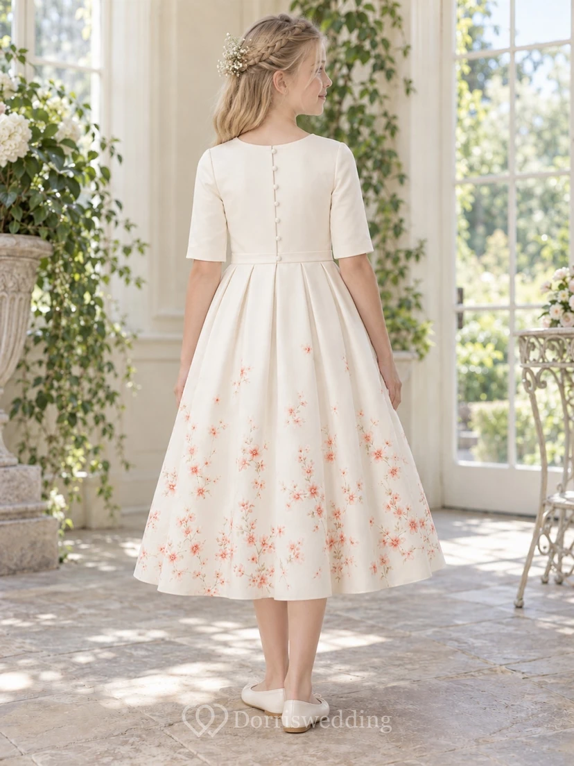 Cream Tea-length Floral Jewel Half-sleeve Pleated Banded Button-back Flower Girl Dress view 2
