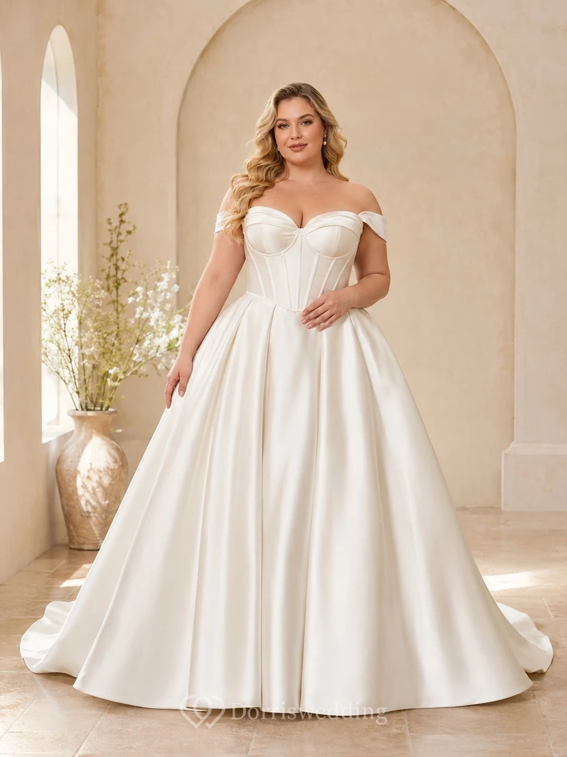 Vestido de novia formal de corte A con hombros descubiertos, talla grande, estilo romántico.