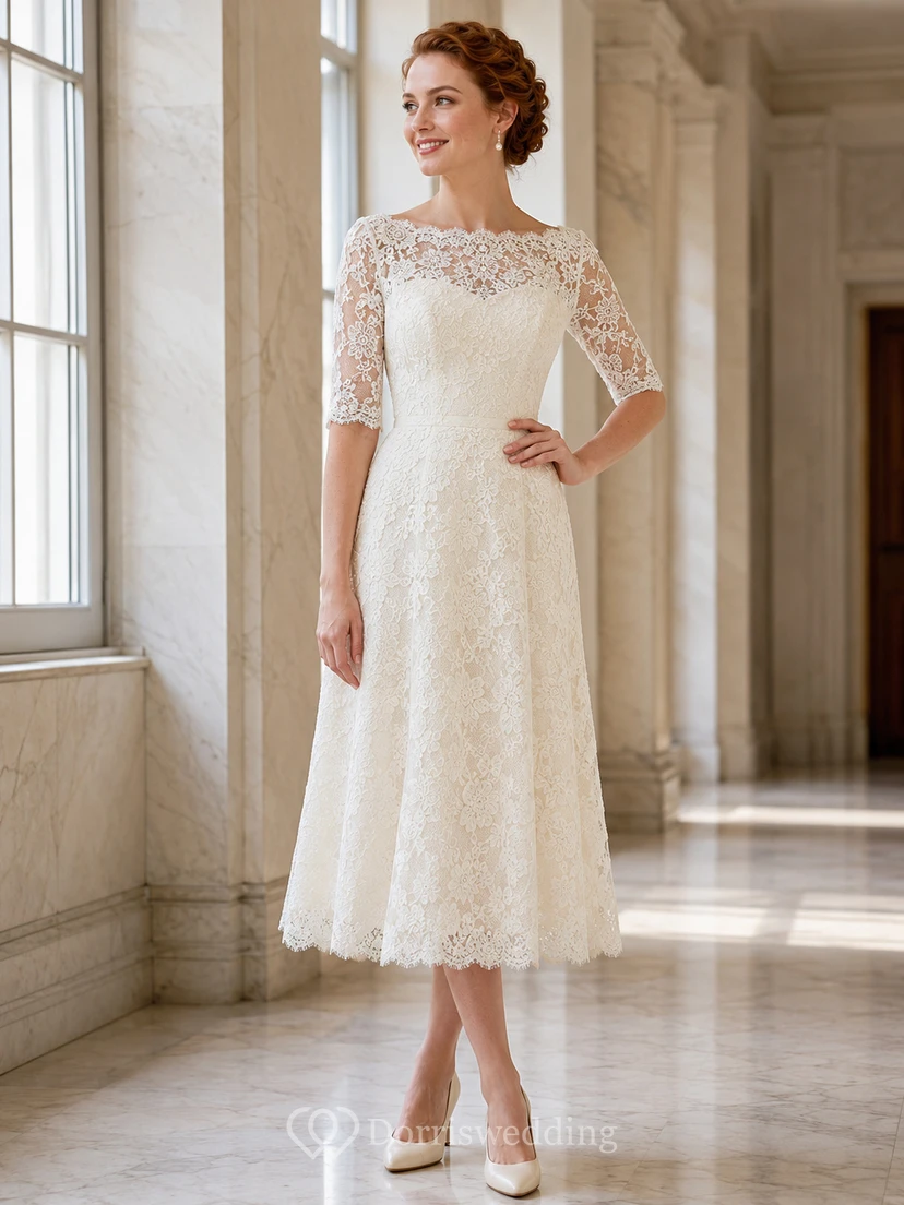 Midi Lace Sleeve A Line Civil Ceremony Wedding Dress
