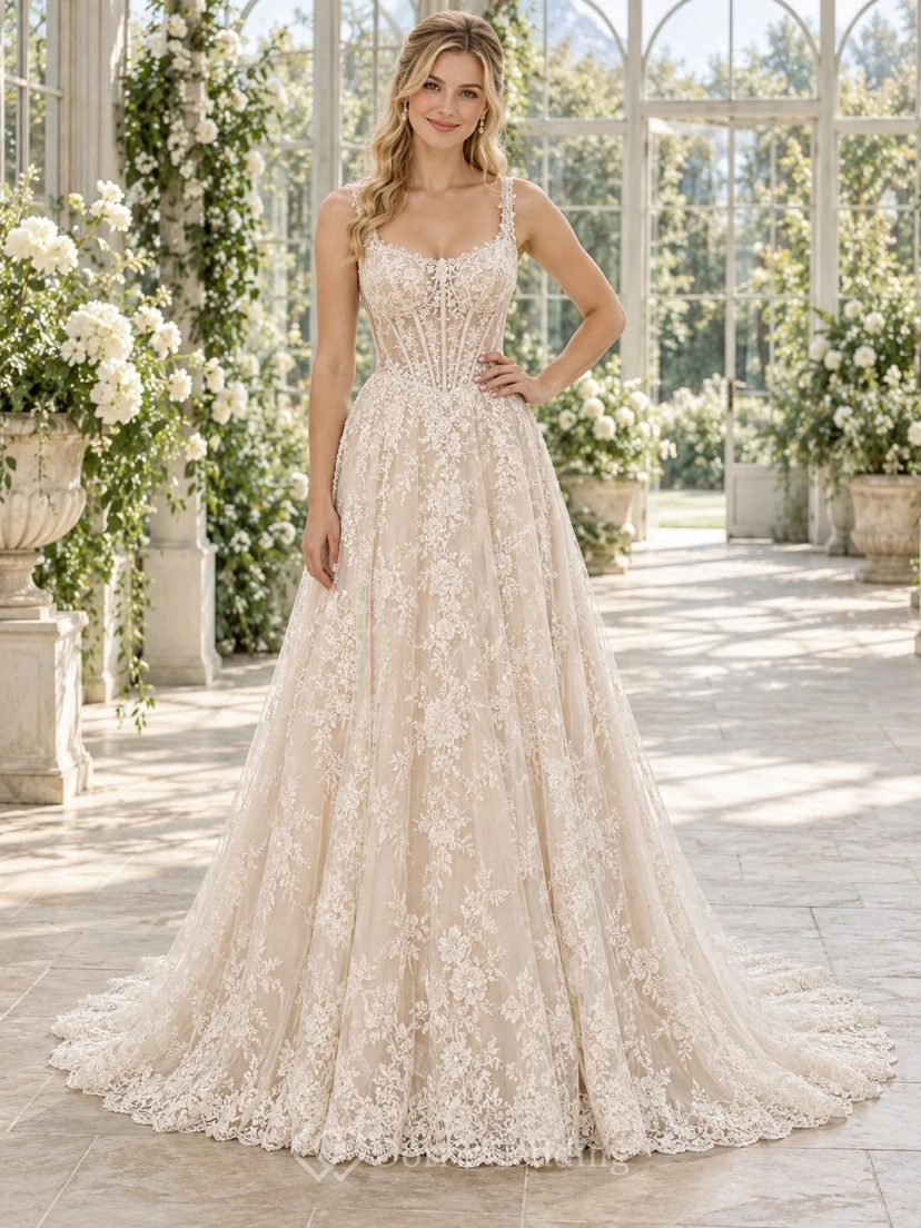 Robe de mariée vintage à bretelles fleuries, corset, entièrement en dentelle, traîne chapelle