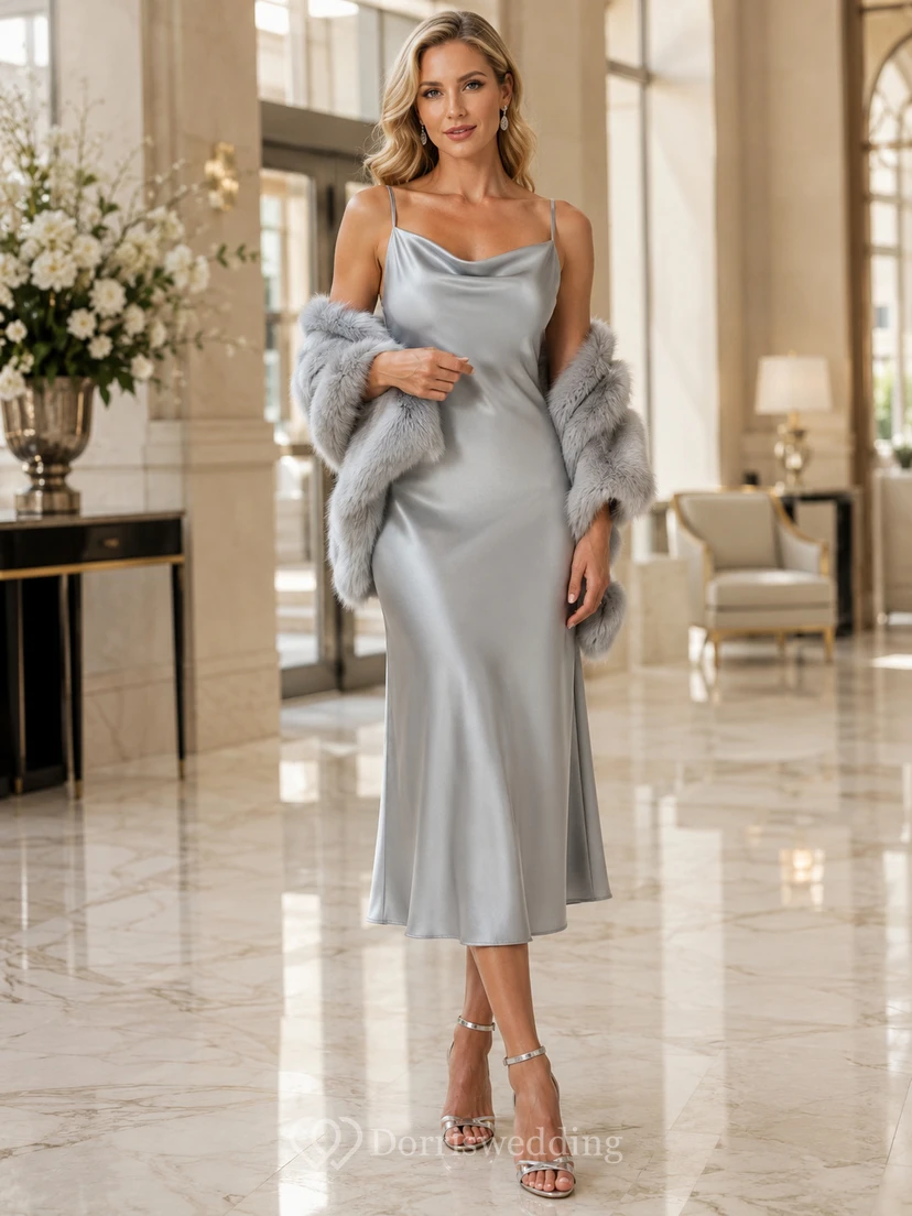 Silver Cowl Neck Faux Fur Satin Sheath Midi Guest Dress