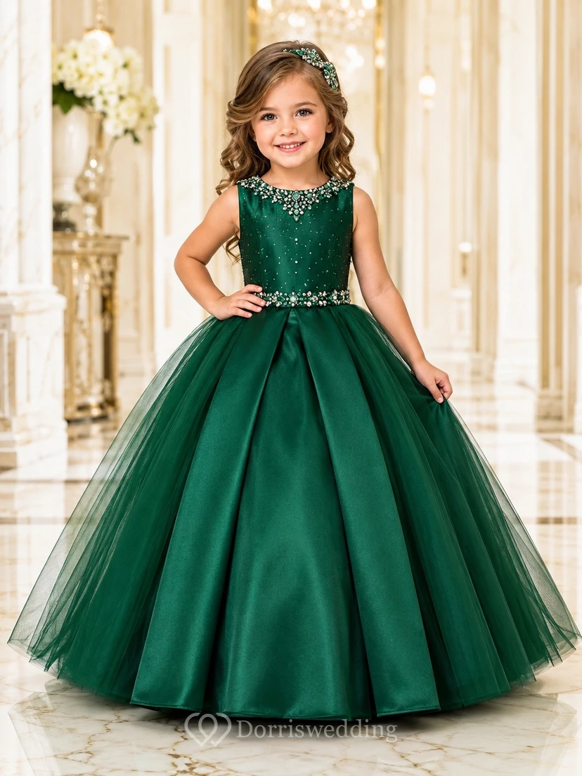 Dark Green Flowergirl Satin Ball Gown Beaded Belt Sleeveless Pageant Dress
