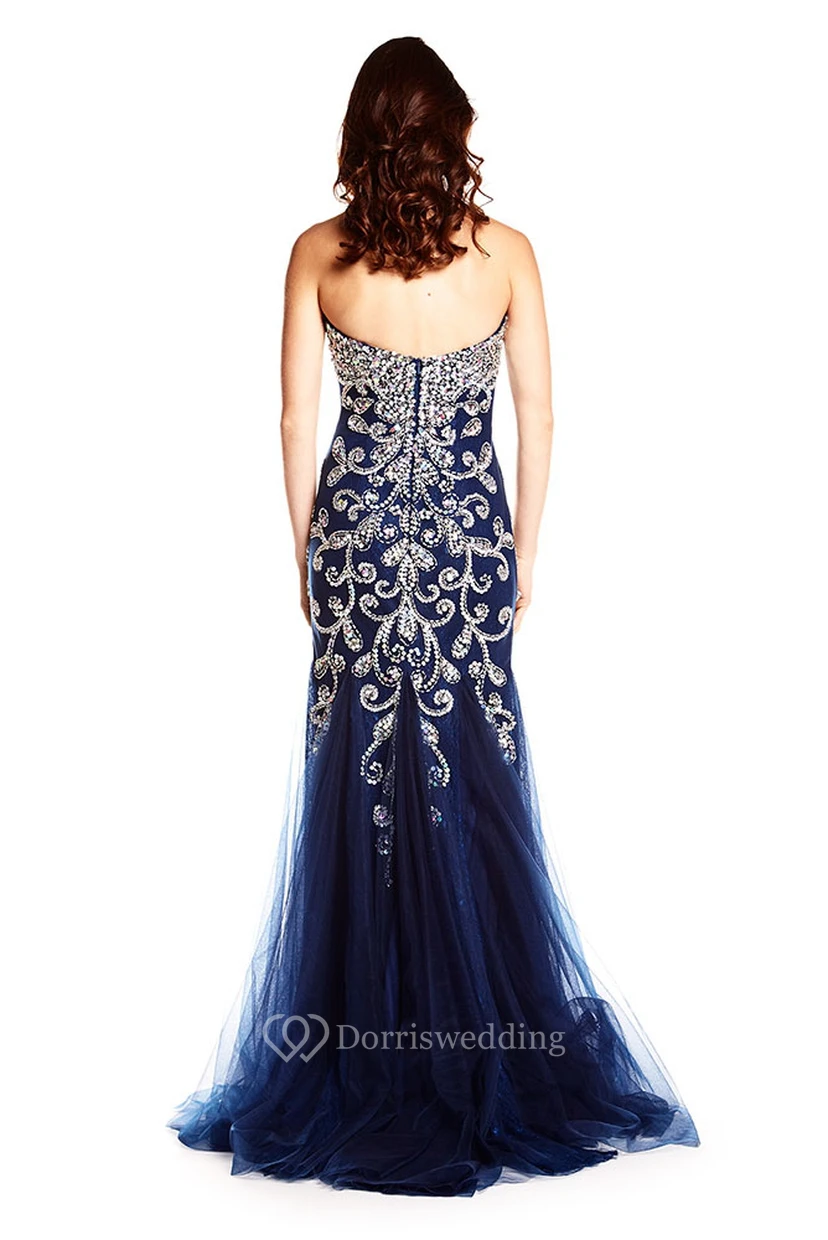 Long Sweetheart Crystal Tulle Prom Dress With V Back view 2