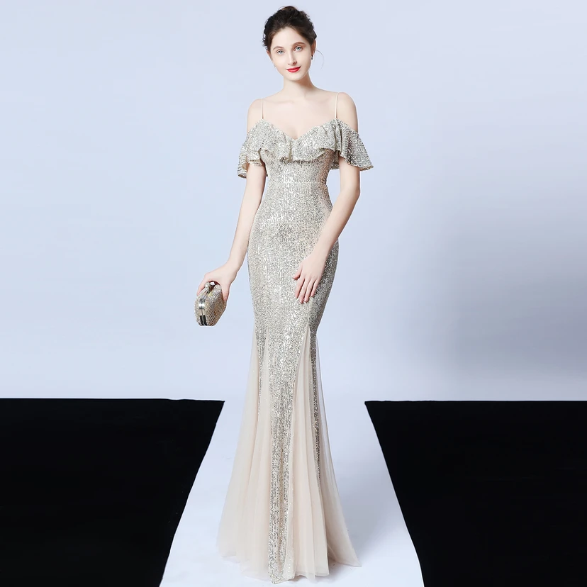 Robe de soirée élégante à franges et sequins en fil de polyester, style sirène, idéale pour un banquet ou une occasion spéciale automne. view 13