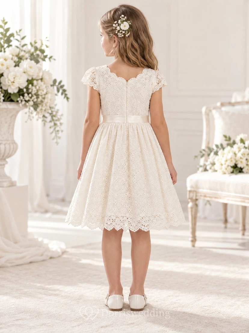 Vestido de niña de flores modesto, hasta la rodilla, color marfil, con estampado floral, corte en A, mangas cortas y encaje, con borde festoneado. view 2