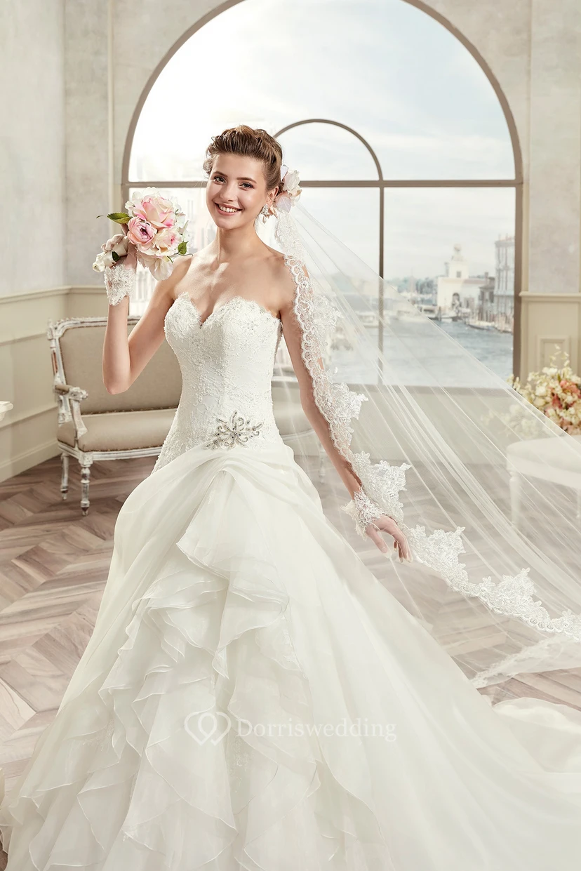 Sweetheart A-Line Lace Ruching Gown With Beaded Details And Lace-Up Back view 3
