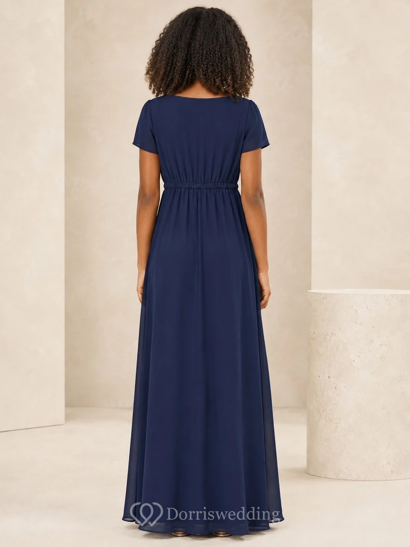 Dunkelblaues Brautjungfernkleid für junge Mädchen, A-Linie, Rundhalsausschnitt, kurze Ärmel, Chiffon, geraffte Taille, schlicht view 2