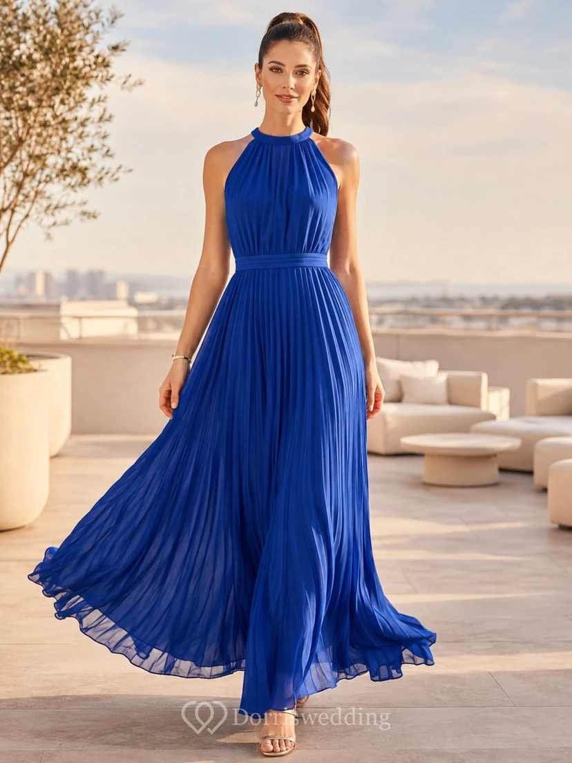 Royal Blue Elegant Modern Halter Sleeveless Chiffon Draped A-Line Floor-Length Formal Dress