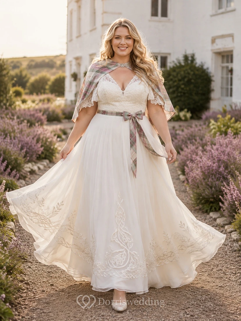 Plus Size Scottish Tartan-Shawl Cap-Sleeve V-Neck Lace A-Line Boho Wedding Dress