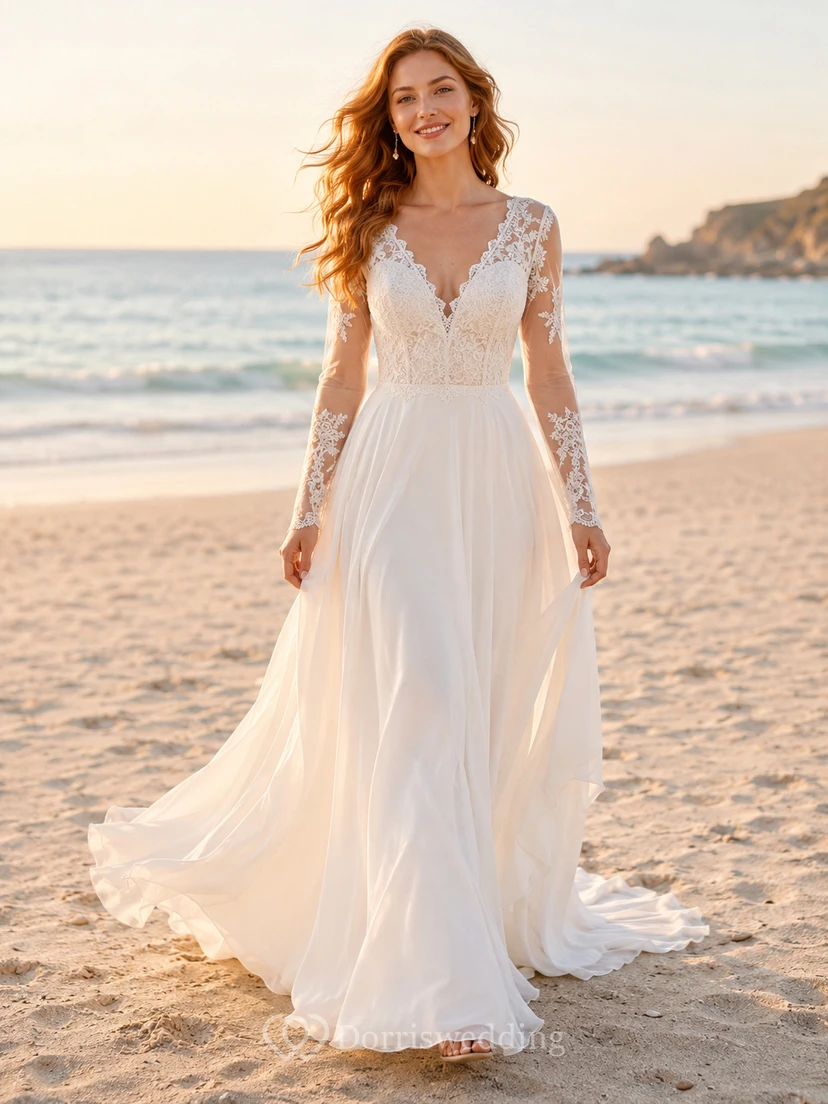 Chiffon Lace Wedding Dress A-Line V-Neck Long Sleeve Sweep Train Bridal Gown