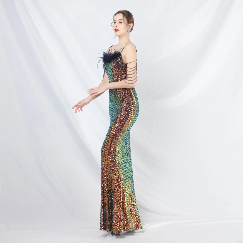 Craft Beaded Ostrich Feather Fantasy Sequined Long Evening Dress view 48