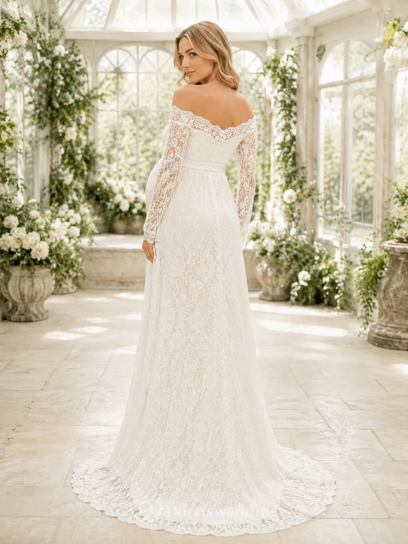 Romantisches Umstands-Hochzeitskleid aus Spitze mit langen Ärmeln, schulterfreiem Schnitt und Schleppe view 2