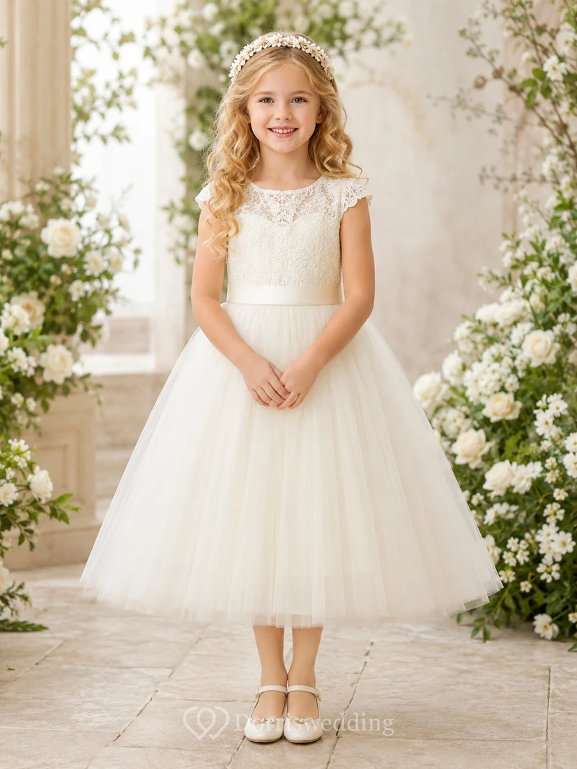 Robe romantique mi-longue trapèze en dentelle et tulle, manches courtes et col rond, style demoiselle d'honneur