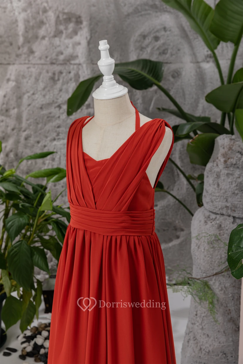 Red Halter Criss-cross Empire Chiffon Ruched Flowergirl Dress view 5