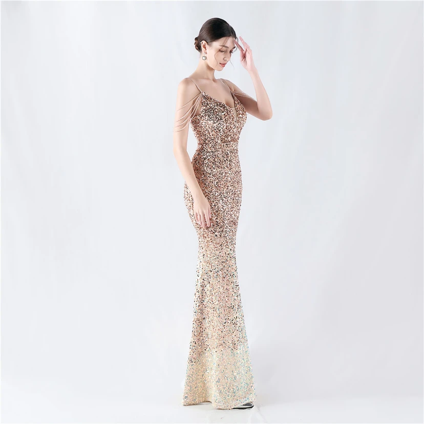 Velvet-Bottom Gradient Sequined Sexy Beaded Suspender Evening Dress view 44