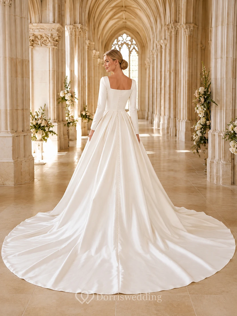 Robe de mariée longue à manches longues et col carré, en satin plissé, avec traîne cathédrale et dos couvert view 2