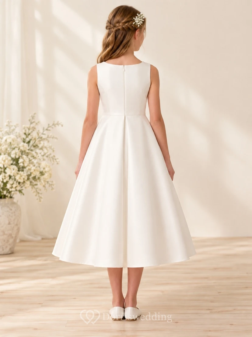 Simple Tea-length Ivory Sleeveless Bateau Center Pleat Satin Natural Waist Flowergirl A-Line Dress view 2