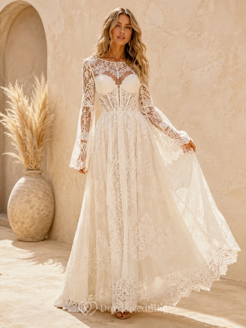 Boho Sweetheart Long Sleeve Lace A-line Floor-length Romantic Wedding Elegant Dress
