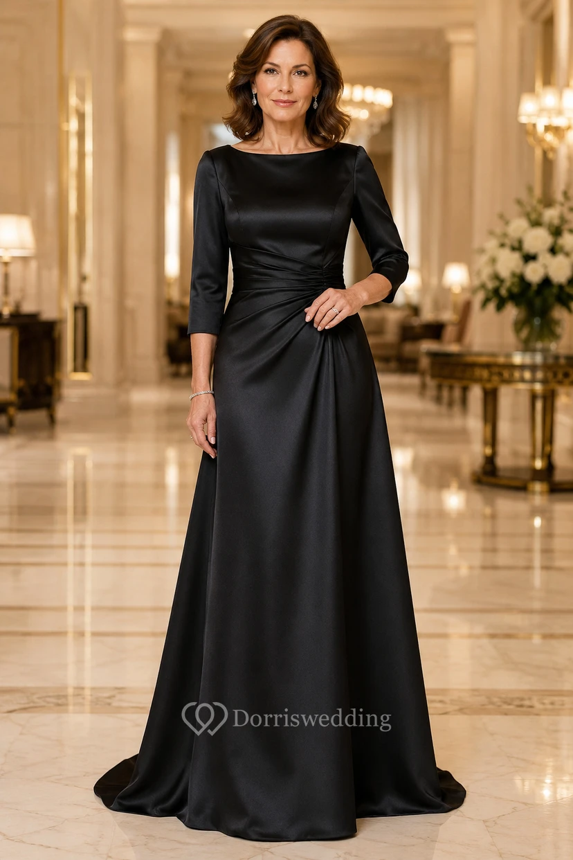 Black Satin Bateau A-Line Mother Dress with Three-Quarter Sleeves