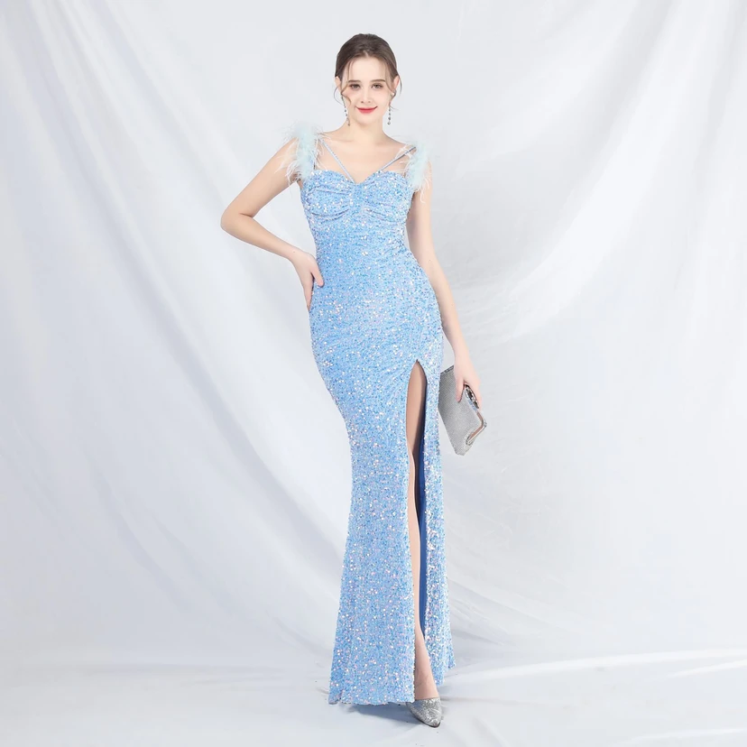 Craft Beaded Ostrich Feather Plush Sequined Long Evening Dress view 5