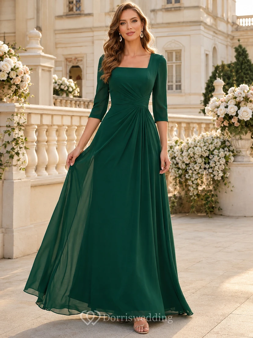Robe longue de soirée vert foncé à col carré et manches transparentes