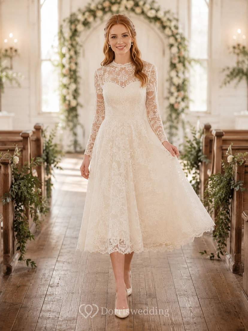 High Neck Lace Long Sleeve Tea Length Modest Wedding Dress
