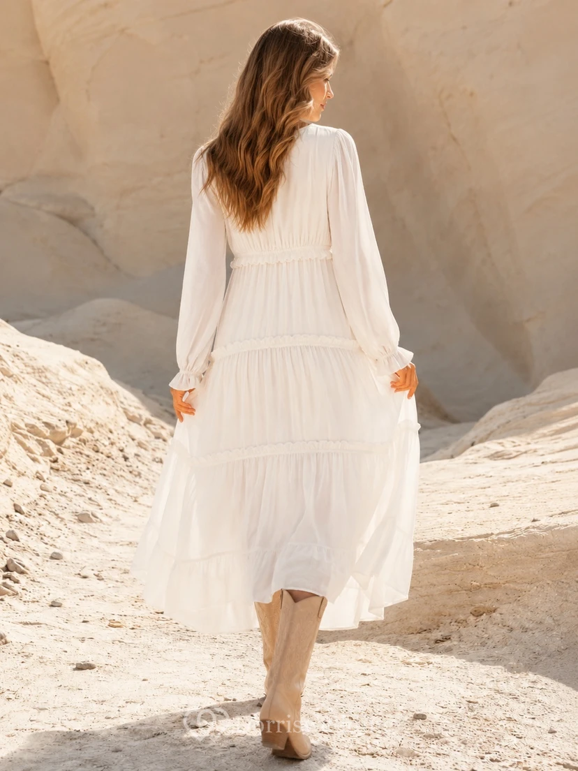 Bohemian Cream V-Neck Long Bell Sleeve Tiered High-Low Country Guest Dress view 2