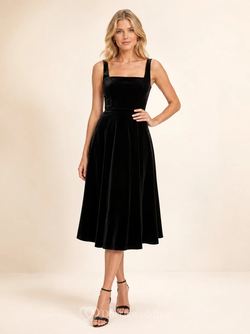 Robe midi en velours noir pour le bal de promo, avec encolure carrée, larges bretelles, taille cintrée et jupe trapèze.