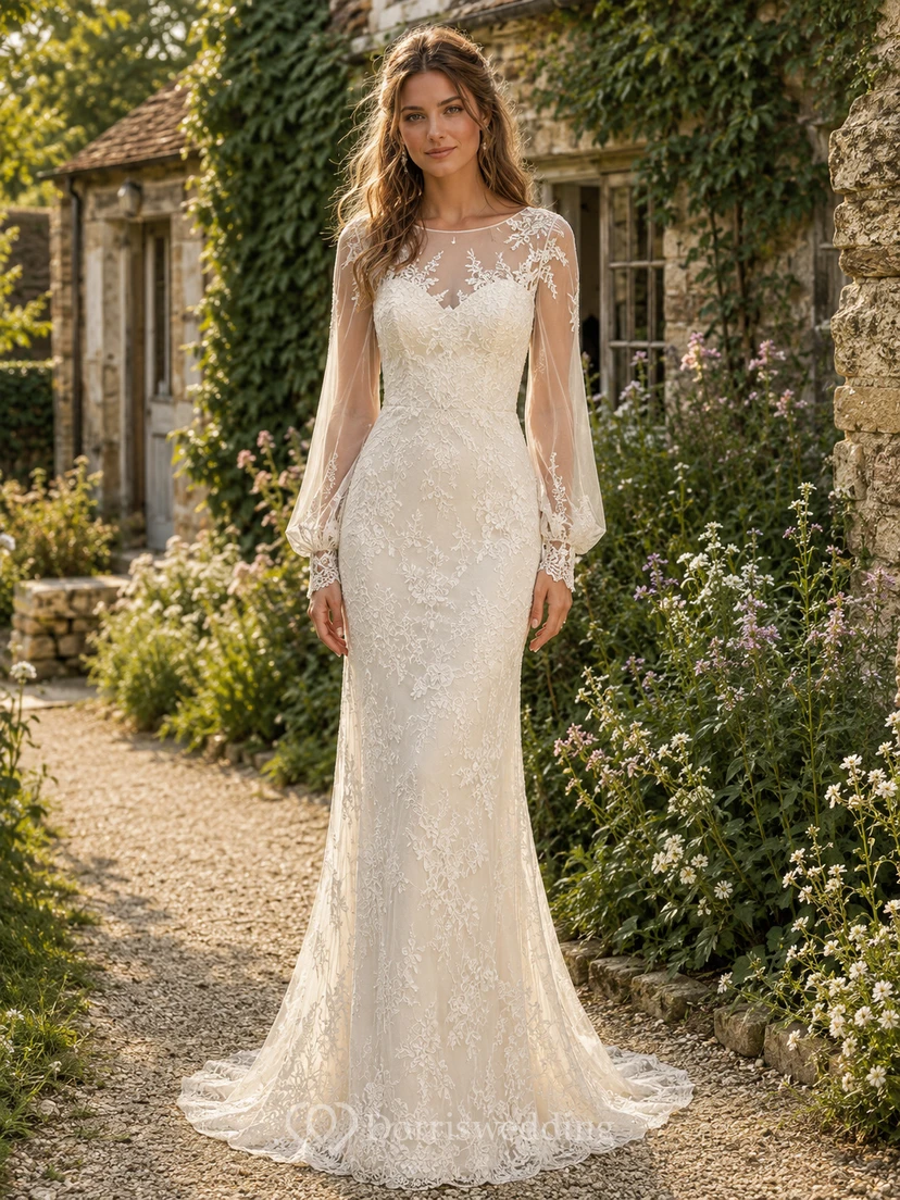 Robe de mariée bohème vintage à manches illusion et dentelle, style cottage garden