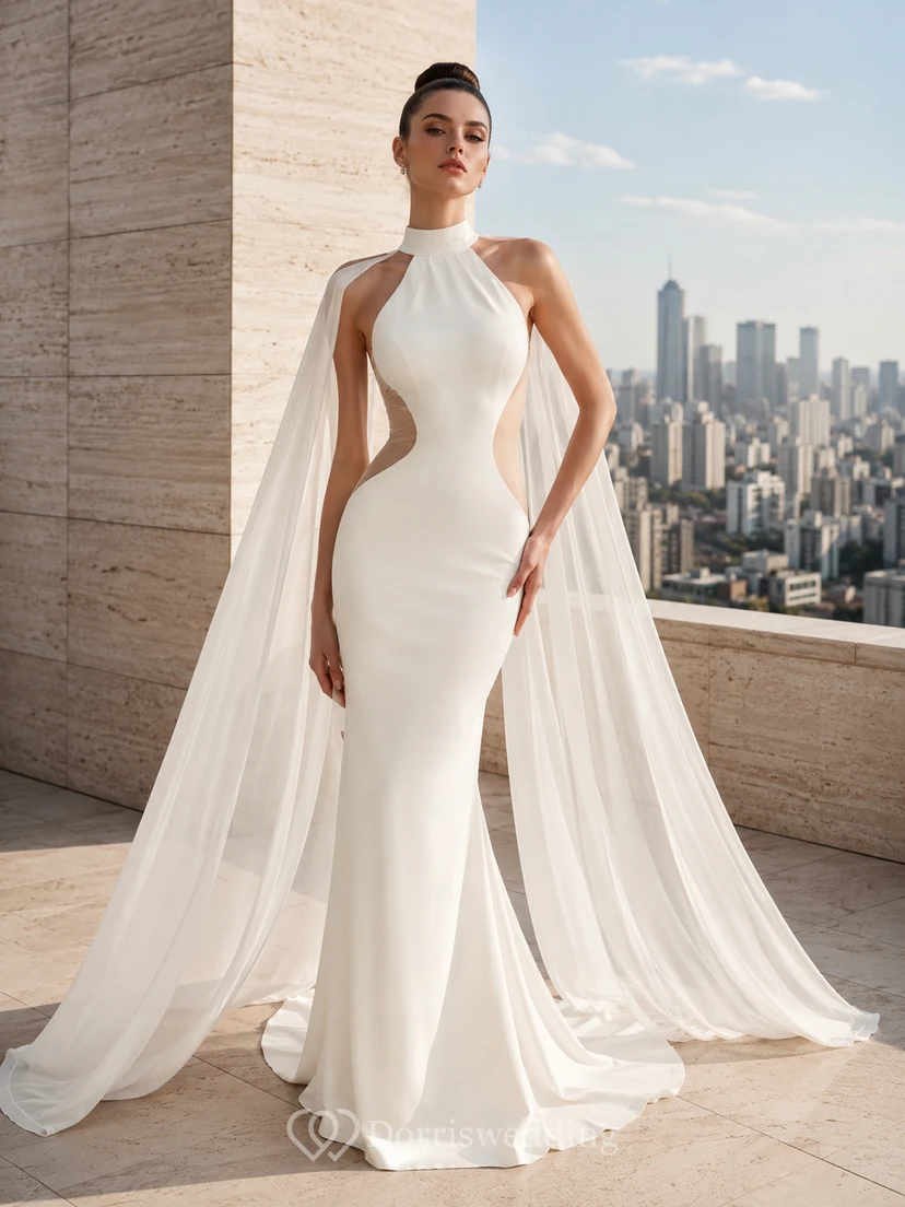 Dekoratives, fließendes Abendkleid aus Satin mit Neckholder, Cape-Ärmeln, Meerjungfrauen-Schleppe und Kapellenschleppe