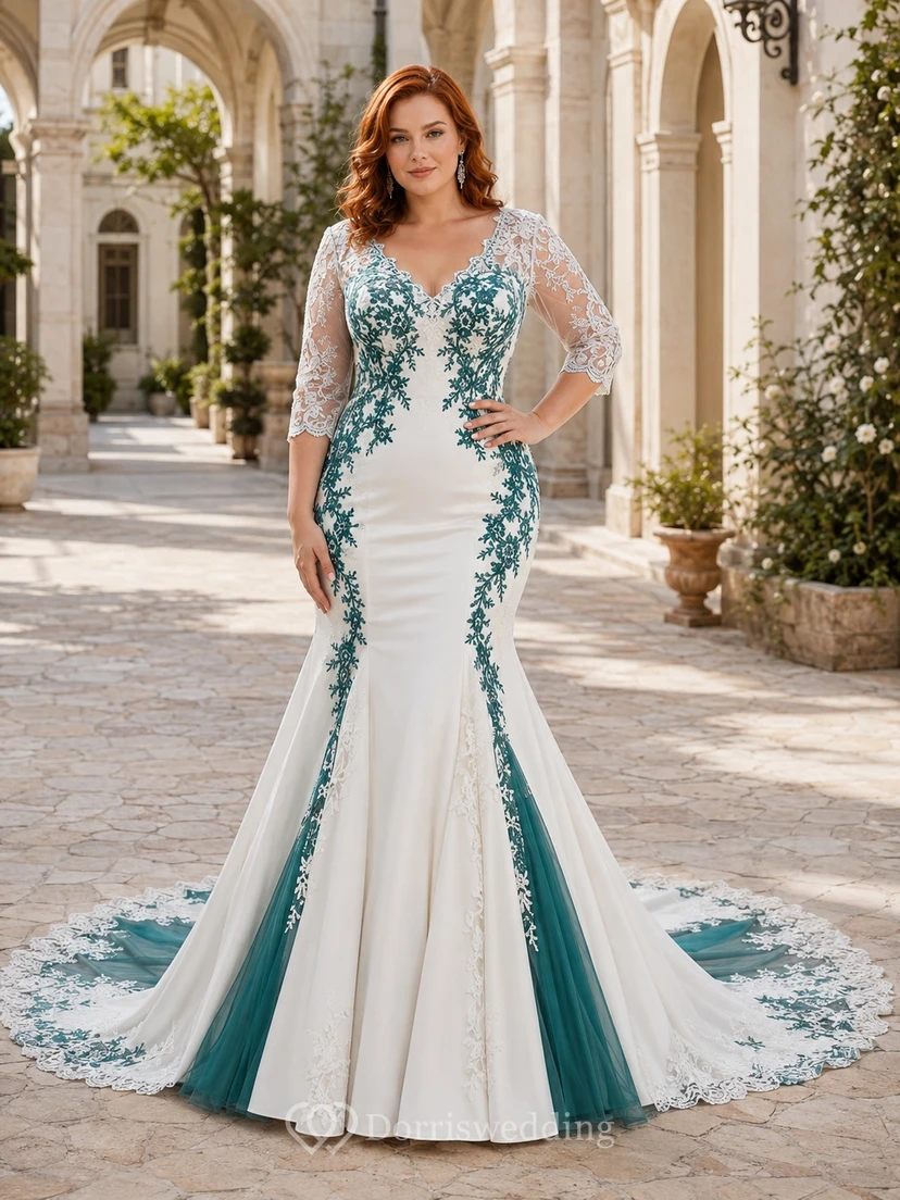 Peacock Plus Size Meerjungfrauen-Brautkleid mit V-Ausschnitt, langen Ärmeln, Spitze und Kapellenschleppe