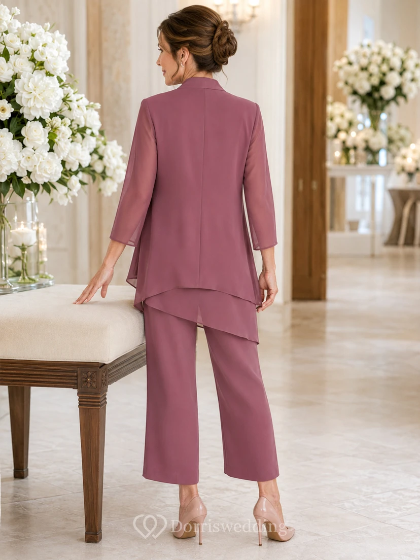 Vintage-Mauve-Hose, elegant, kurz geschnitten, weites Bein, mit Broschenverzierung, Rundhalsausschnitt, asymmetrischem Dreiviertel-Blazer, perfekt für die Mutter der Braut. view 2