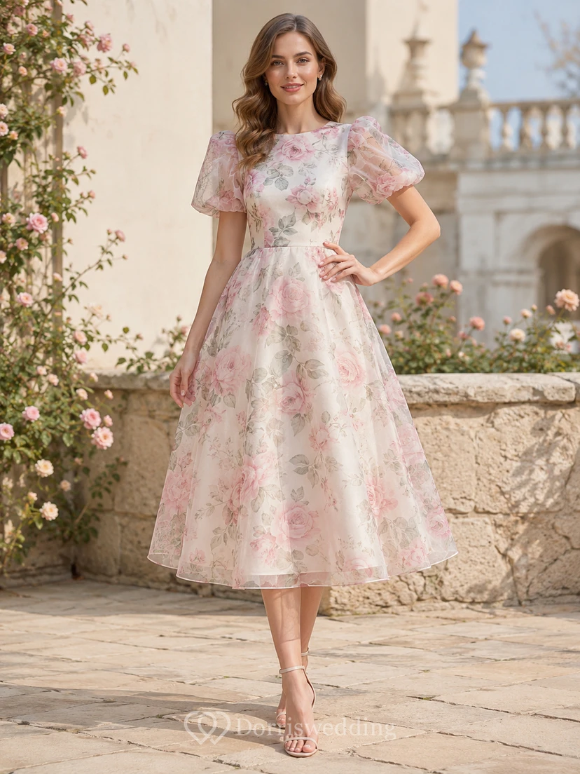 Robe d'invitée rose à fleurs en organza, manches bouffantes, coupe trapèze, longueur thé
