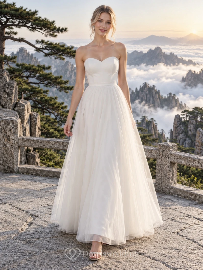 Vestido de recepción sencillo sin tirantes, escote corazón, tul, largo hasta los tobillos
