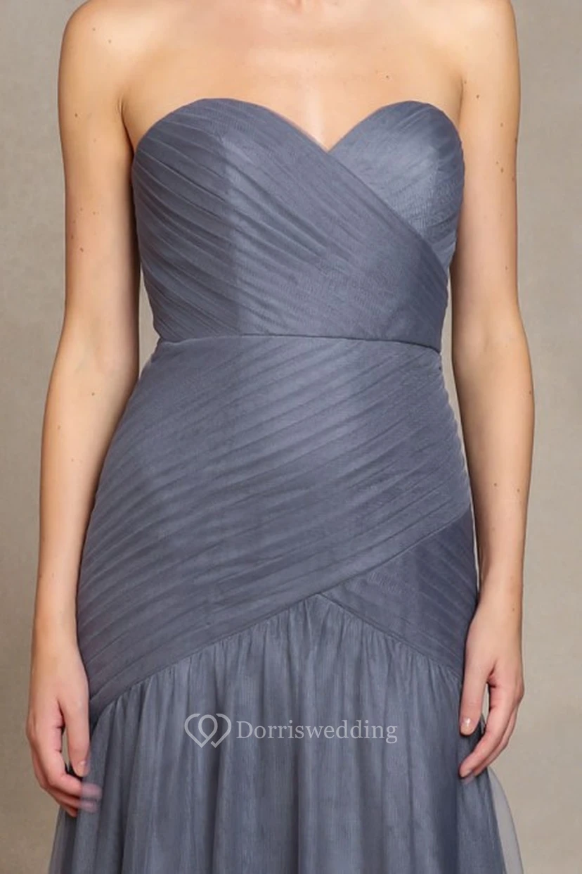 A-Line Criss-Cross Sweetheart Long Sleeveless Tulle Bridesmaid Dress view 3