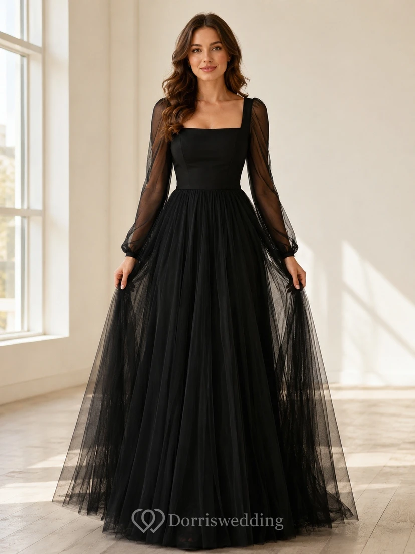 Black Square Neck Illusion Long Sleeve Tulle Floor Length Formal Dress