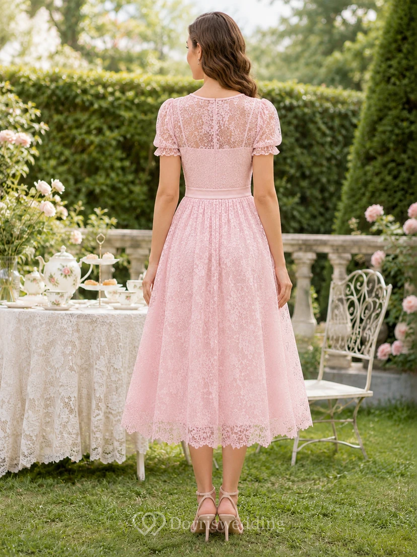 Blush Pink Lace Puff Sleeve A Line Tea Party Dress view 2
