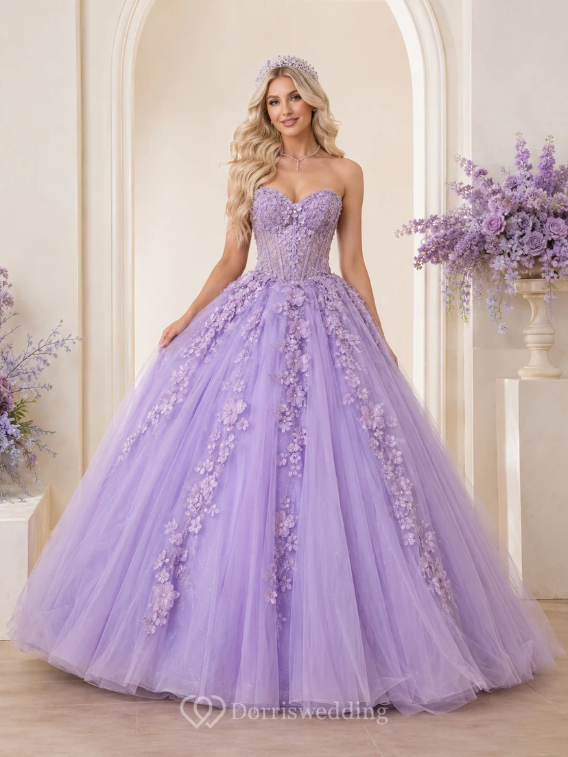 Lavender Luxury Strapless Sweetheart Three Dimensional Floral Tulle Princess Quinceanera Ball Gown