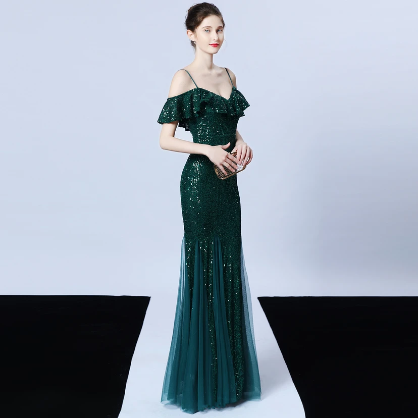 Robe de soirée élégante à franges et sequins en fil de polyester, style sirène, idéale pour un banquet ou une occasion spéciale automne. view 37