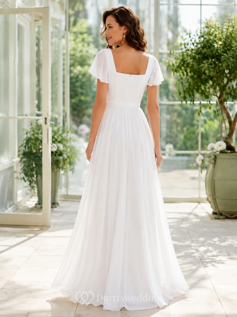 Simple Square Neck Flutter Sleeve Chiffon A-Line Floor-Length Modest Wedding Dress view 2