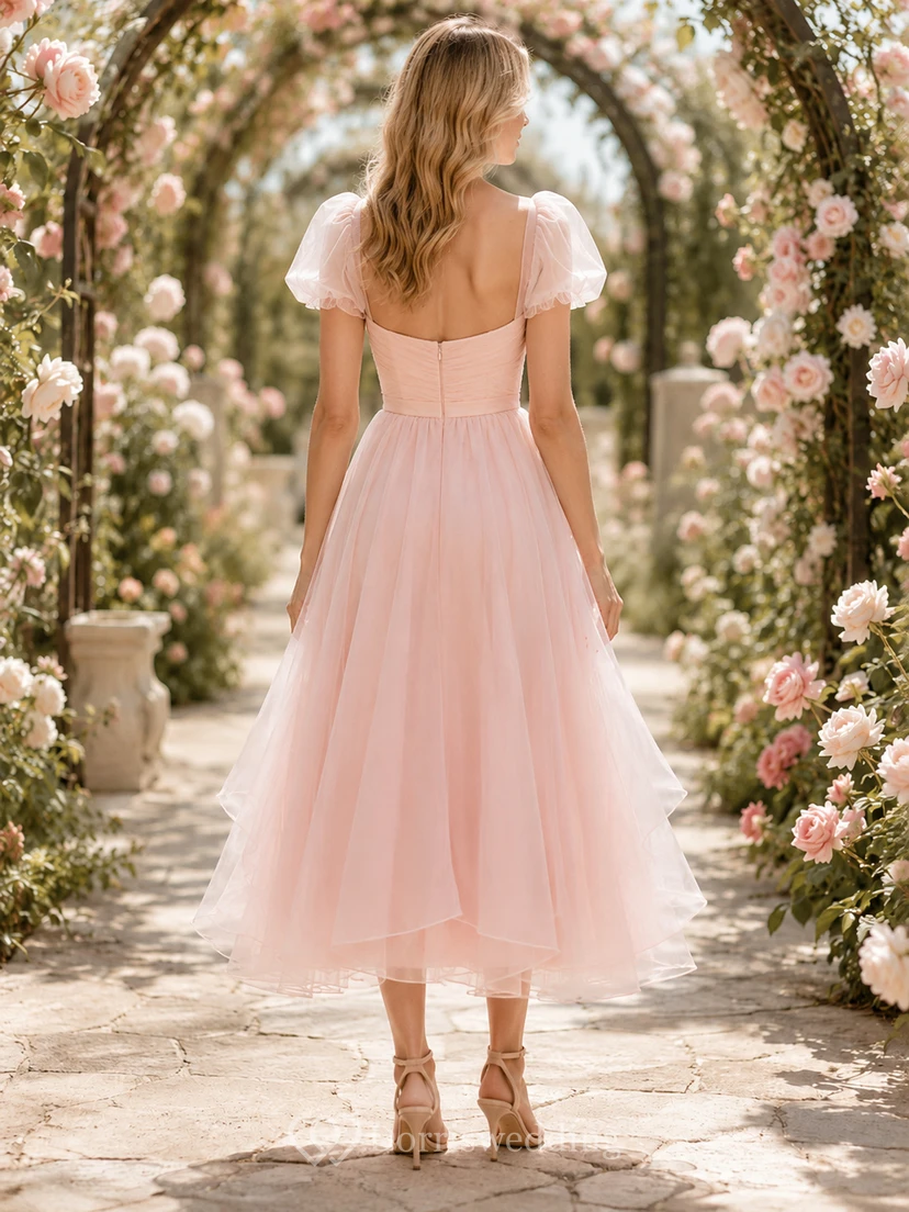 Robe midi rose poudré à manches bouffantes en tulle pour garden-party view 2