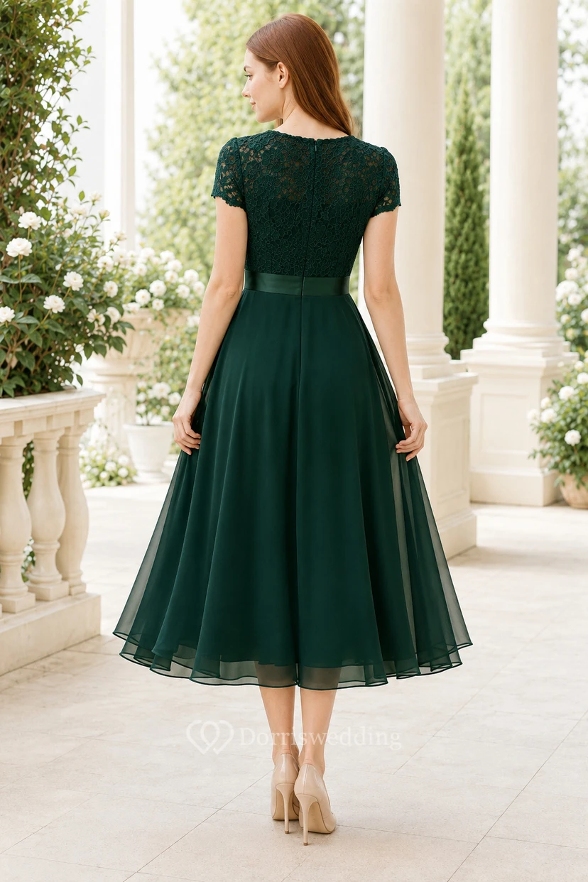 Dark Green Lace Bodice Chiffon Tea Length Guest Dress with Short Sleeves view 2