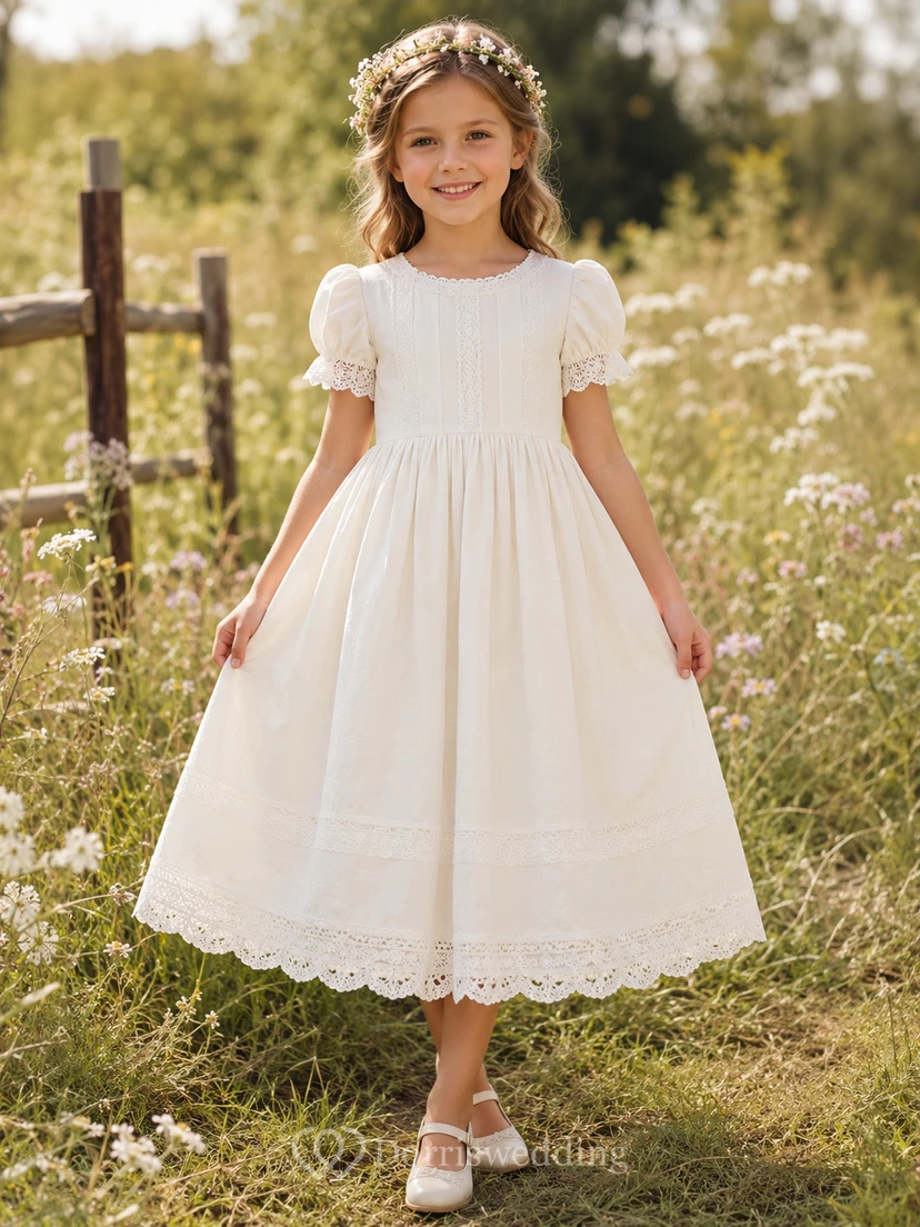 Rustikales Blumenmädchenkleid aus Spitze und Tüll