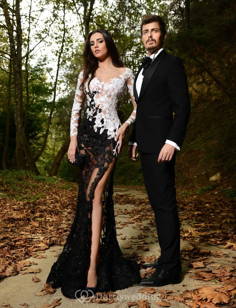 Vestido de fiesta de sirena con apliques de encaje sexy y abertura frontal en blanco y negro