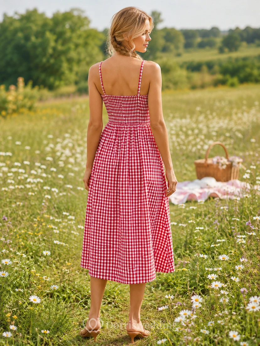 Pink Gingham Smocked Tie Strap Picnic Midi Dress view 2