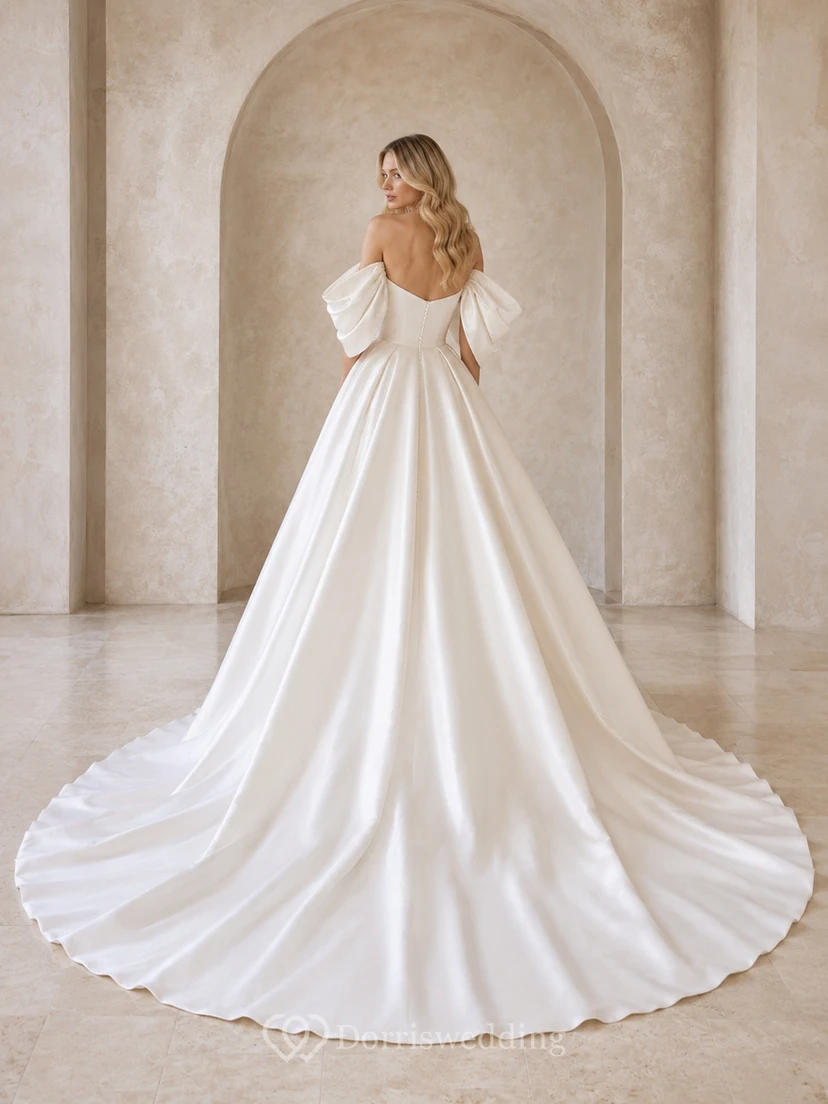 Robe de mariée en satin, robe de bal, épaules dénudées, manches courtes, traîne chapelle view 2