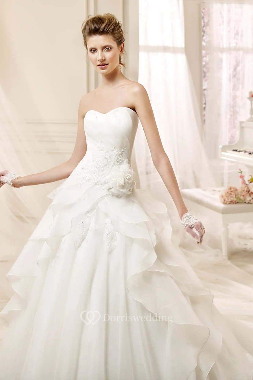 Strapless A-line Wedding Dress with Flowers and Ruffles  view 3