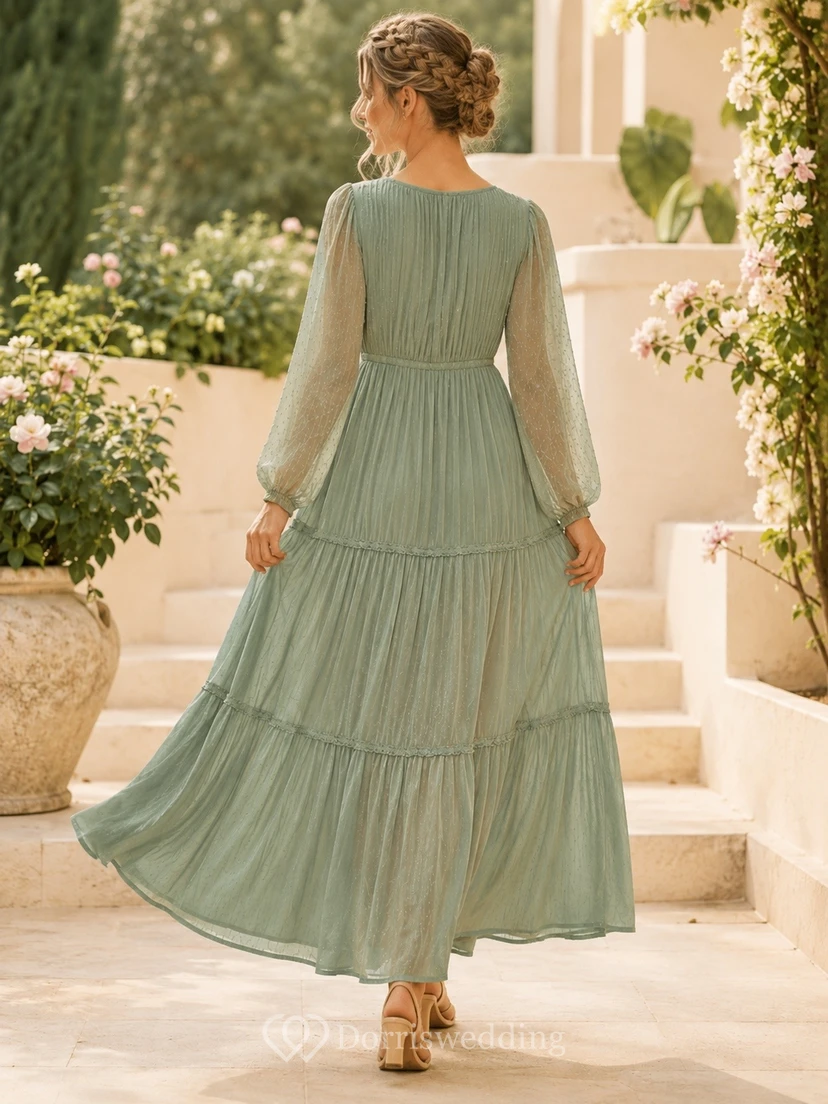 Sage Green Tiered Pleated V-neck Long Sleeve Chiffon A-Line Gown Dress view 2